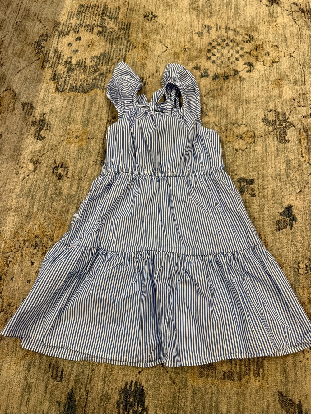 Crewcuts Blue and White Striped Ruffle-Shoulder Dress